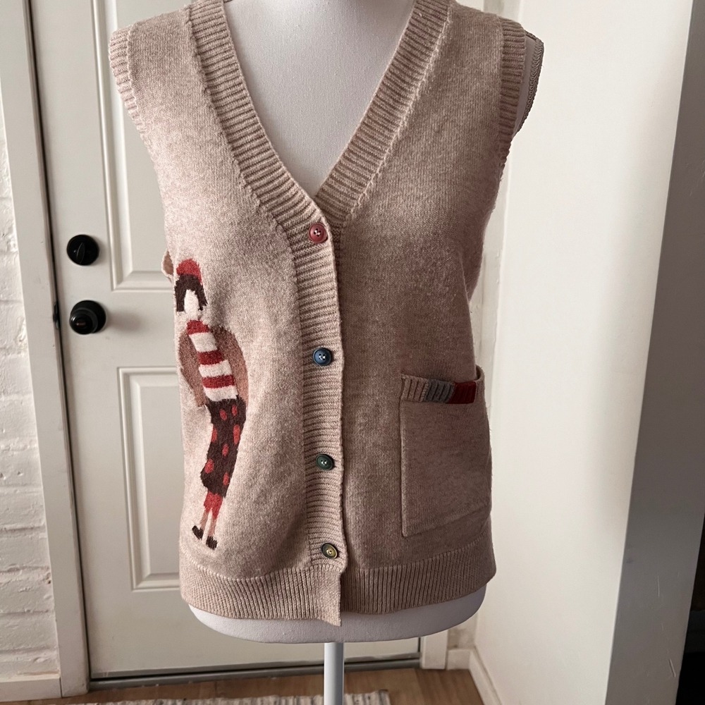 Vintage Style Intarsia Graphic Knit Cardigan Vest Oatmeal Beige V-Neck Vest